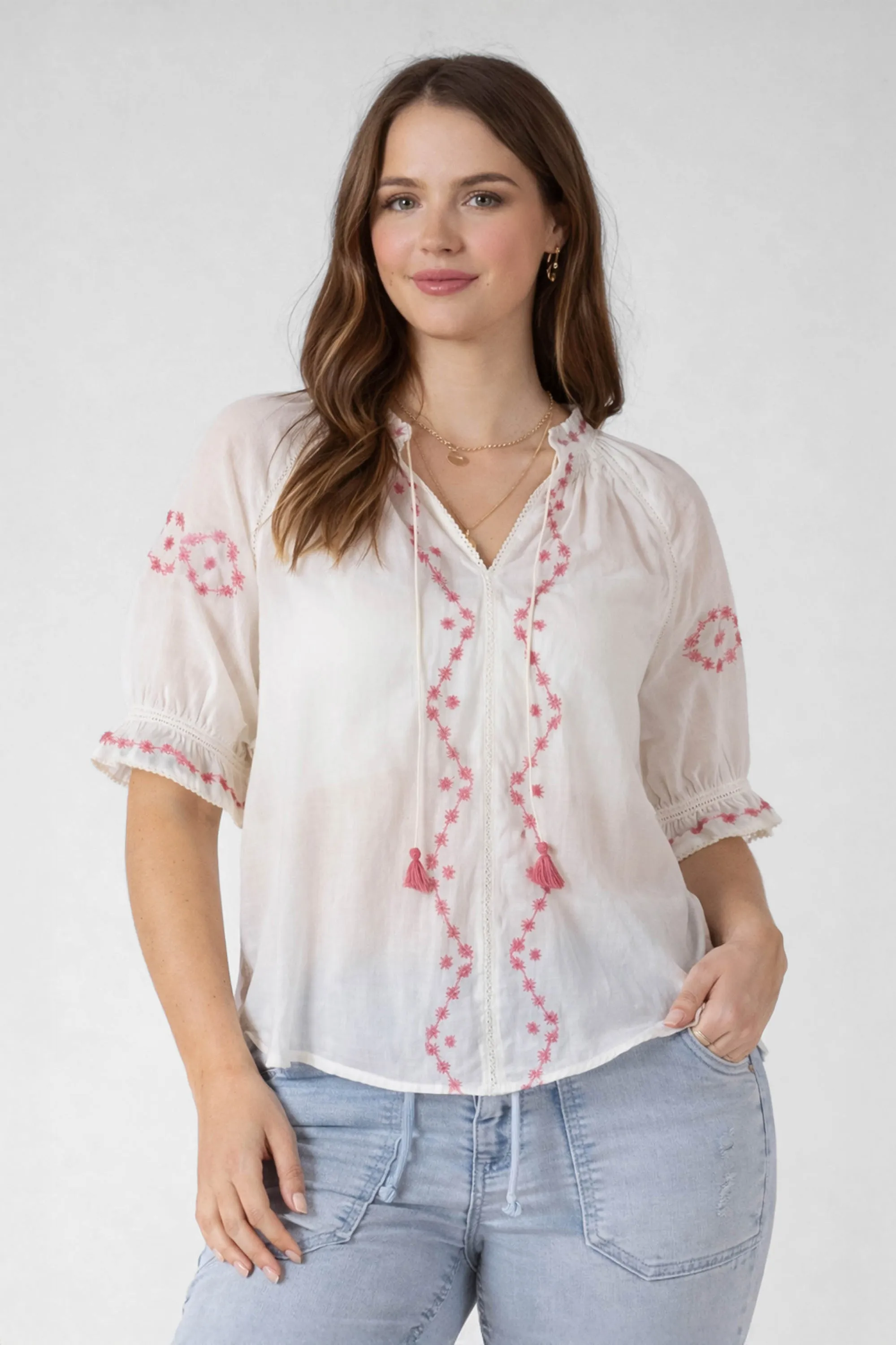 Embroidered Lace Insert Blouse sold by Dex