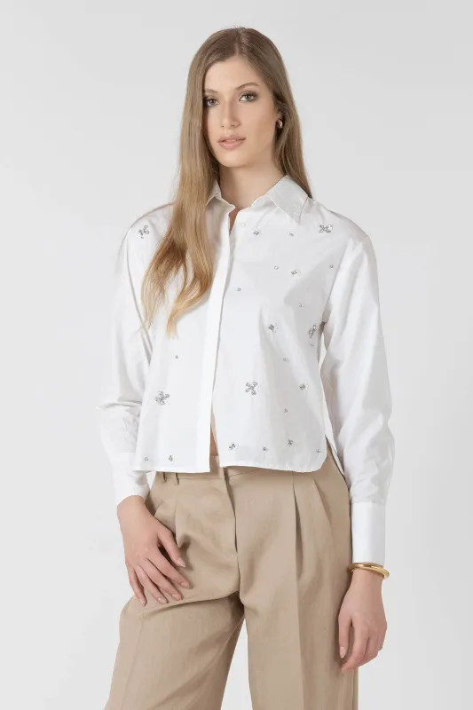 Rhinestone Detail Button Front Blouse made by Dex