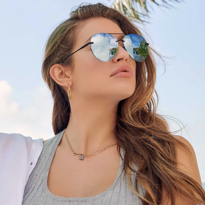 DIFF Eyewear Lenox Sunglasses w/Light Turquoise Mirrored Lenses Lenox Aviator Sunglasses | Matte Black & Purple Mirror  main image 2
