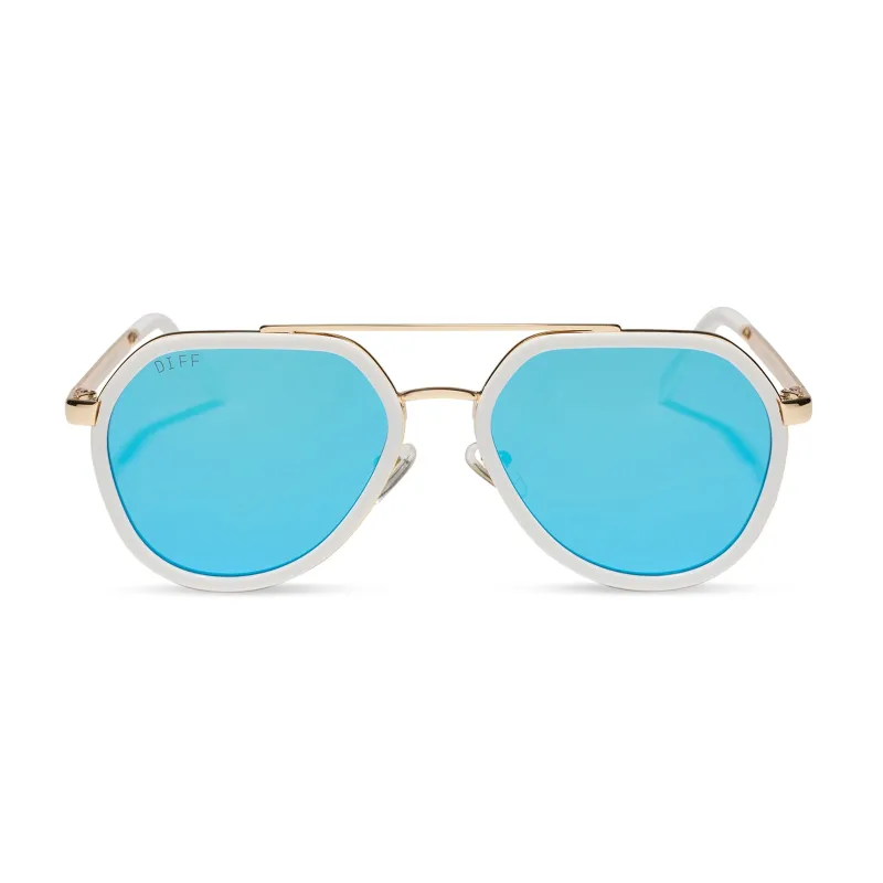 JOEY - WHITE CLOUD + GOLD METAL + BLUE MIRROR SUNGLASSES made by Diff Eyewear