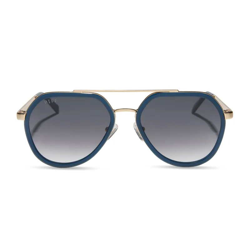 JOEY - CLUBHOUSE BLUE + BRUSHED GOLD METAL + GREY GRADIENT SUNGLASSES made by Diff Eyewear