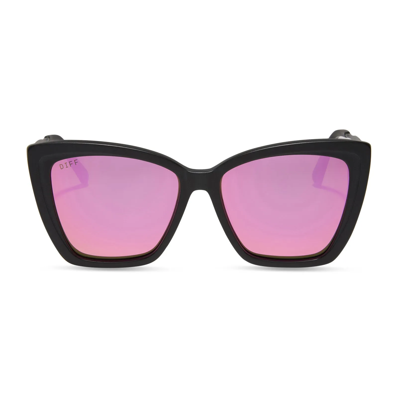 Women’s Diff Becky III sunglasses with matte black frames, pink mirrored lenses. Pink Mirror Sunglasses DIFF Charitable Eyewear Becky III Cat  main image 2