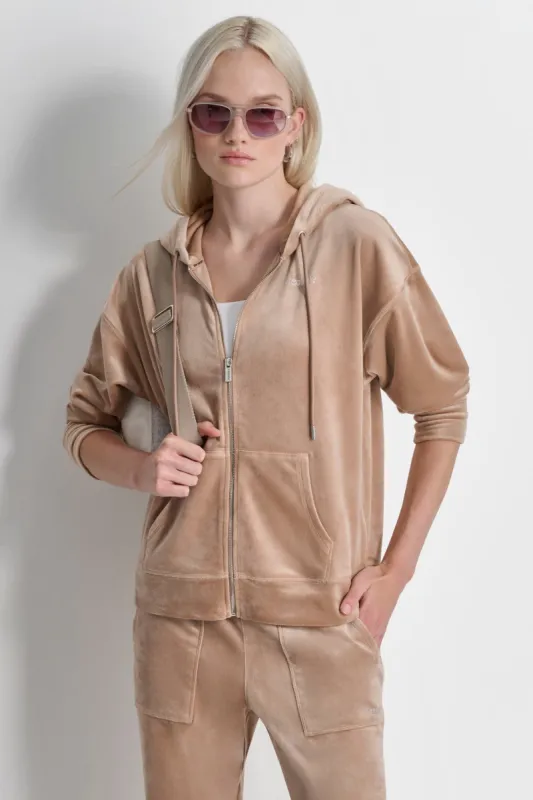 PLATINUM VELOUR RHINESTONE LOGO FULL ZIP HOODIE sold by DKNY