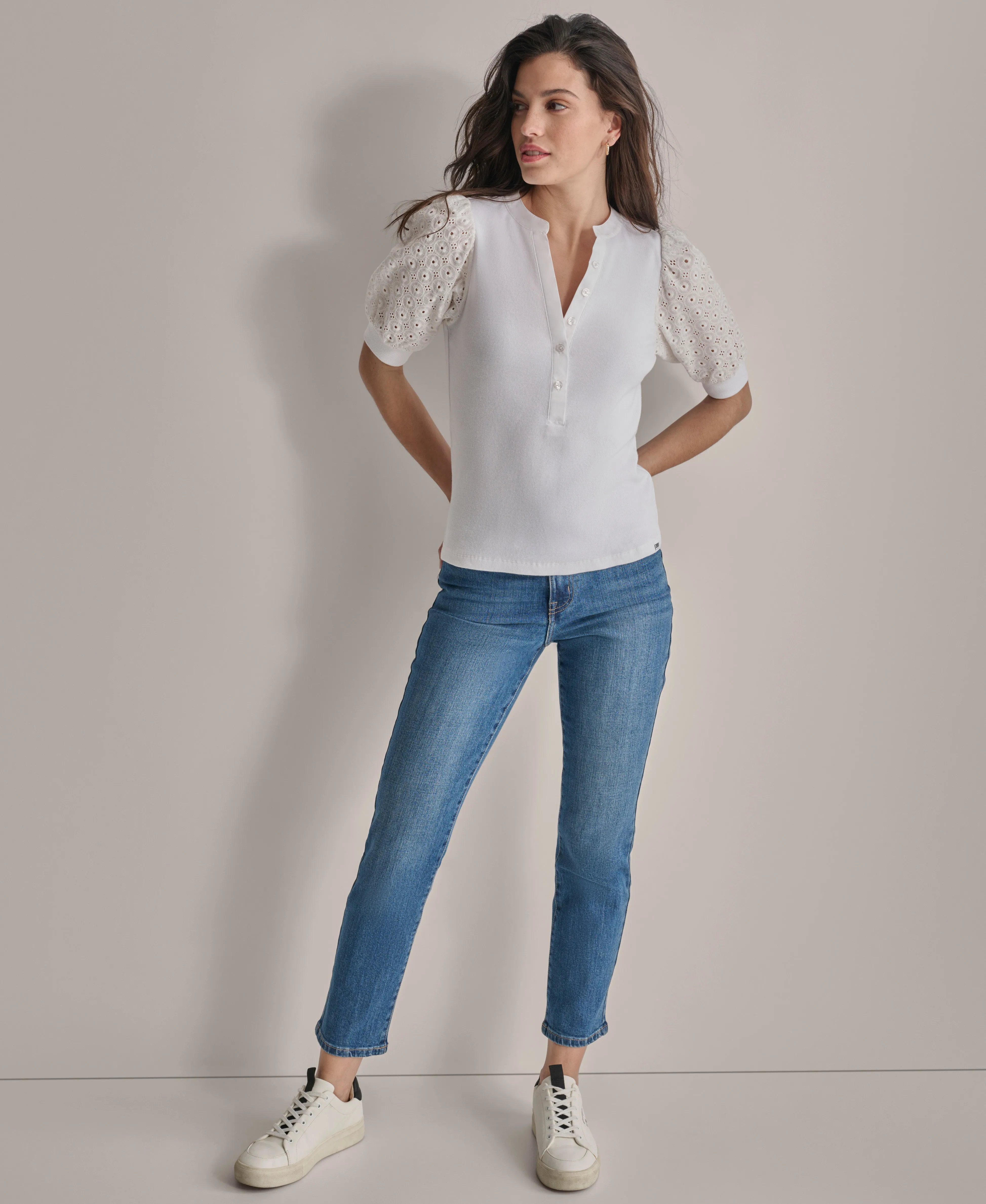 PUFF SLEEVE EYELET HENLEY TOP sold by DKNY product image thumbnail 3