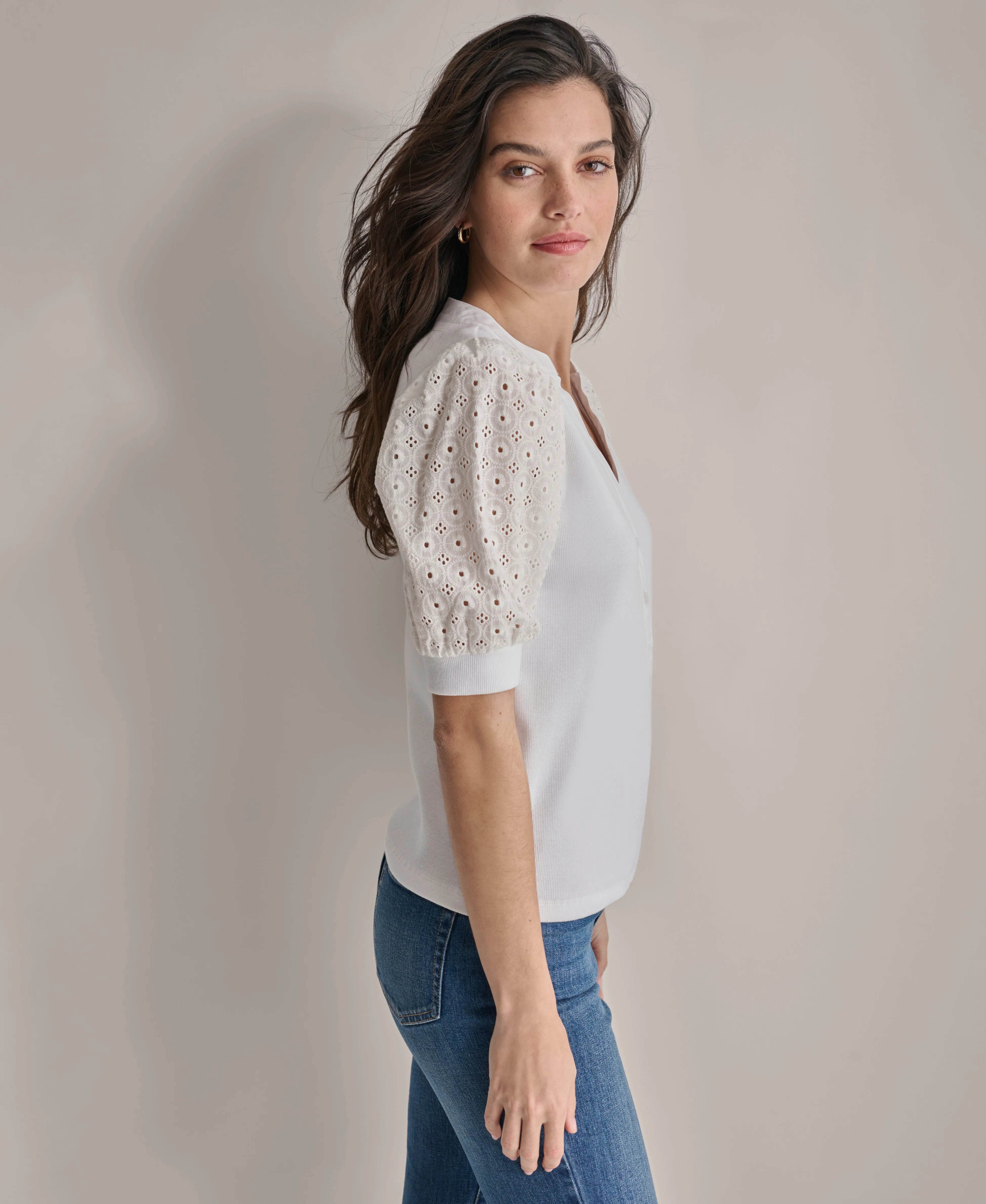 PUFF SLEEVE EYELET HENLEY TOP sold by DKNY product image thumbnail 4