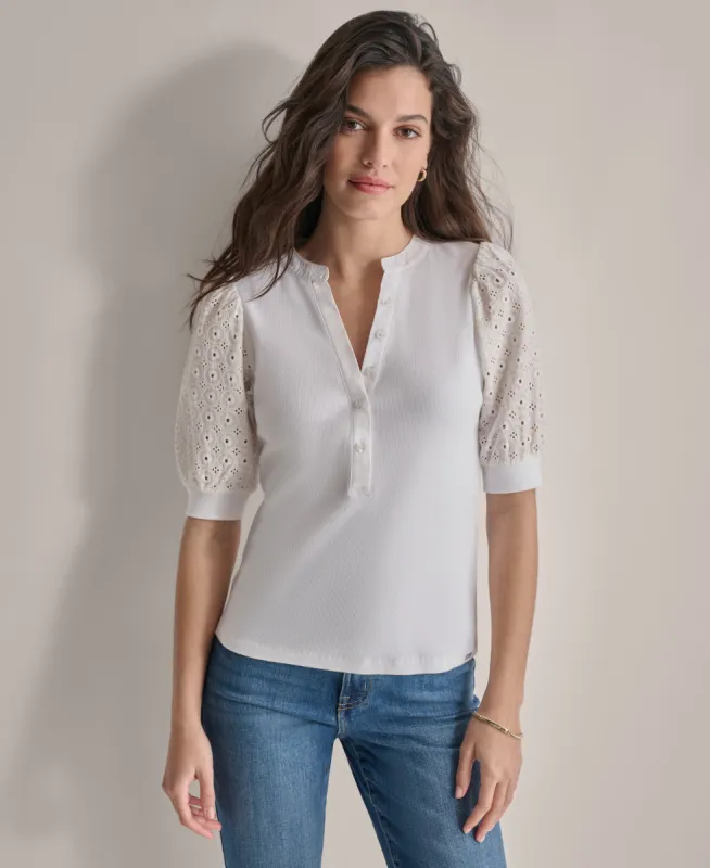 PUFF SLEEVE EYELET HENLEY TOP sold by DKNY