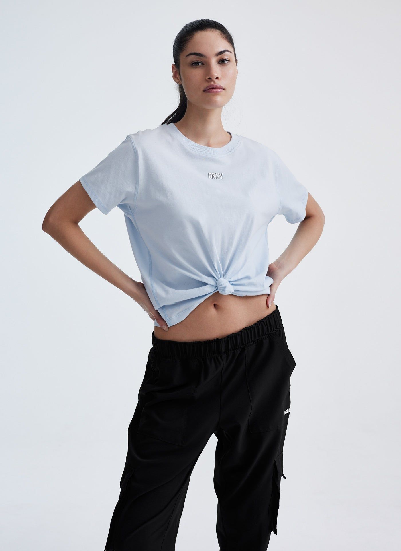 METALLIC BUBBLE LOGO KNOT FRONT TEE sold by DKNY