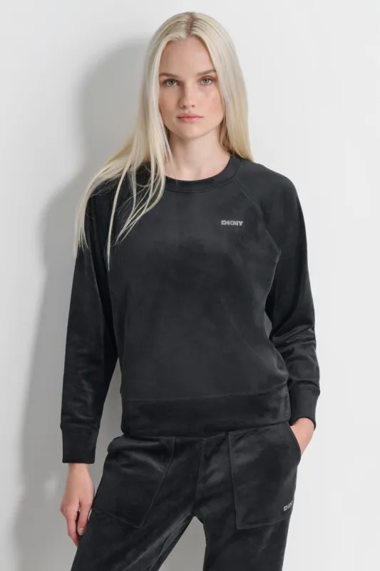 PLATINUM VELOUR RHINESTONE LOGO PULLOVER sold by DKNY