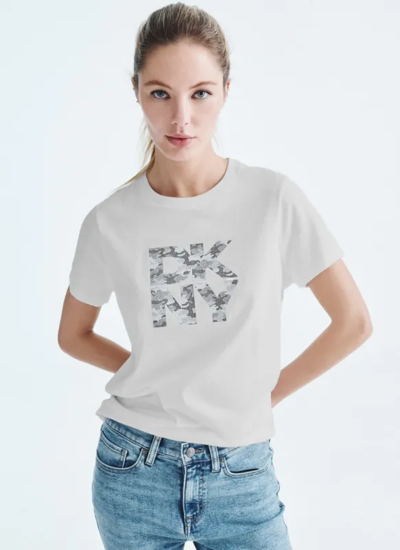 STACKED CAMO SPARKLE LOGO TEE sold by DKNY