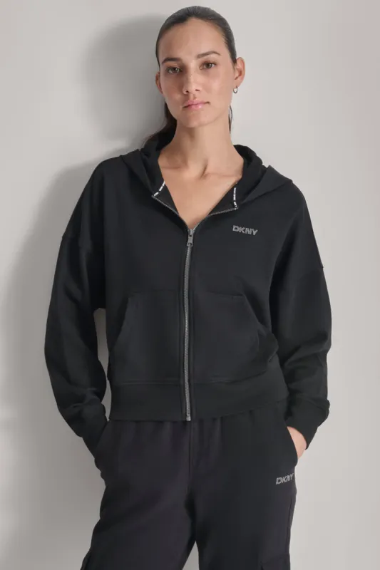 MIXED RHINESTONE STUD LOGO FULL ZIP HOODIE sold by DKNY