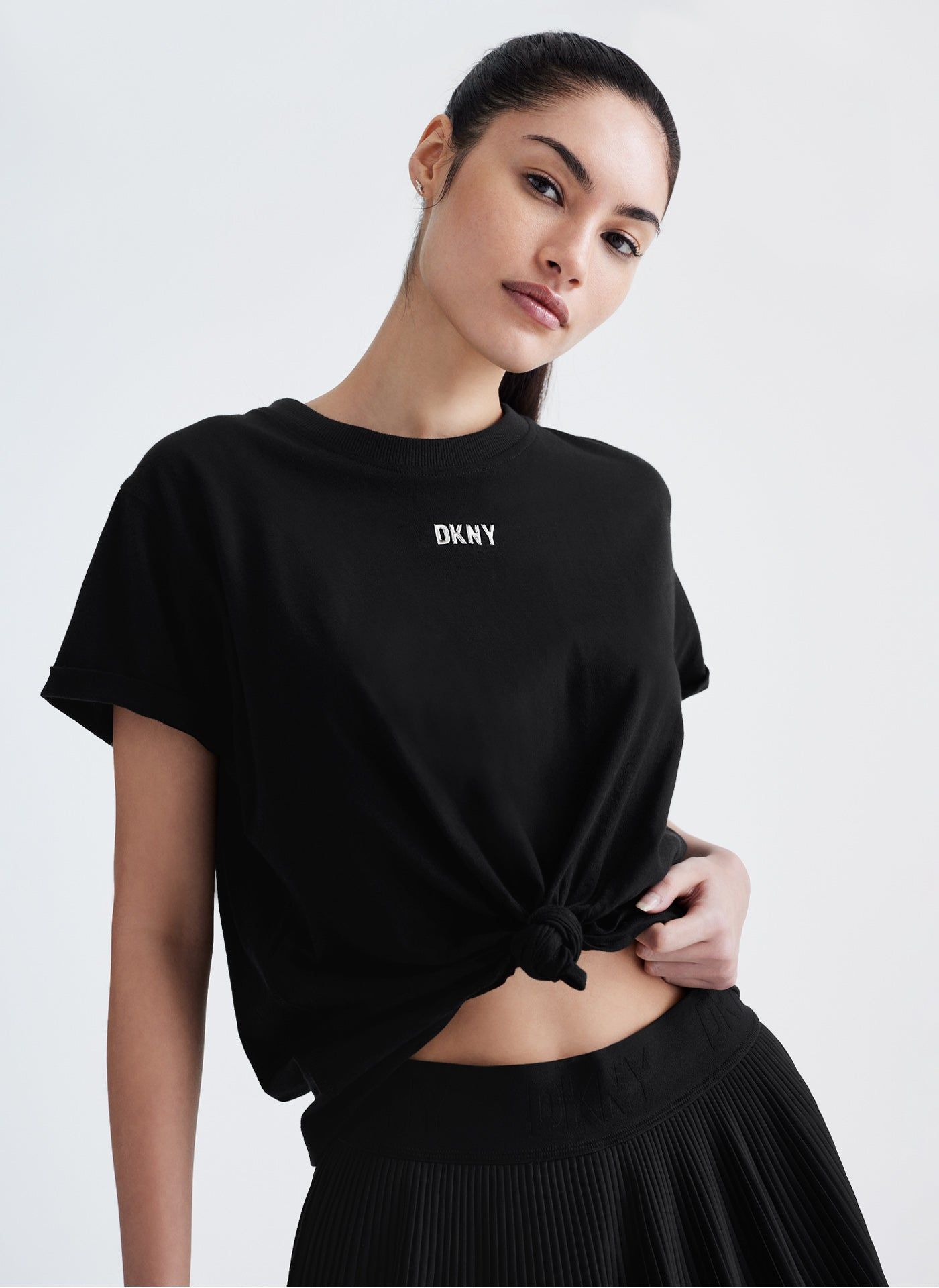 METALLIC BUBBLE LOGO KNOT FRONT TEE sold by DKNY