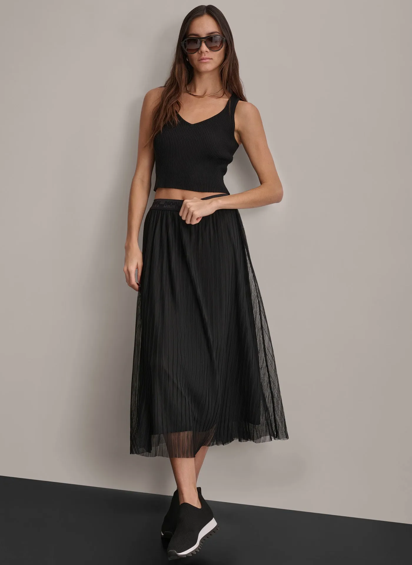 LOGO WAIST BAND TIERED MESH SKIRT sold by DKNY