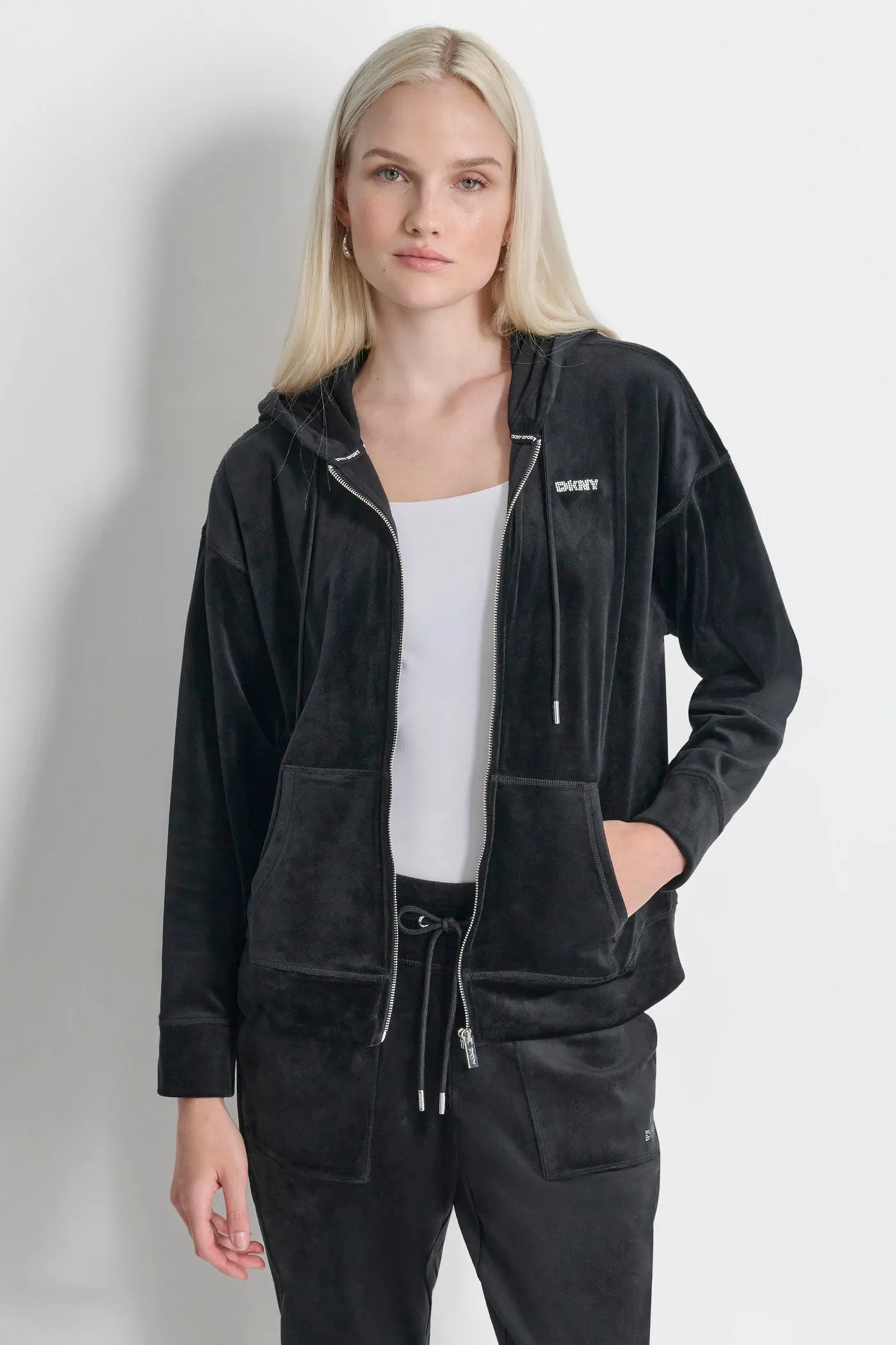 PLATINUM VELOUR RHINESTONE LOGO FULL ZIP HOODIE sold by DKNY product image thumbnail 4