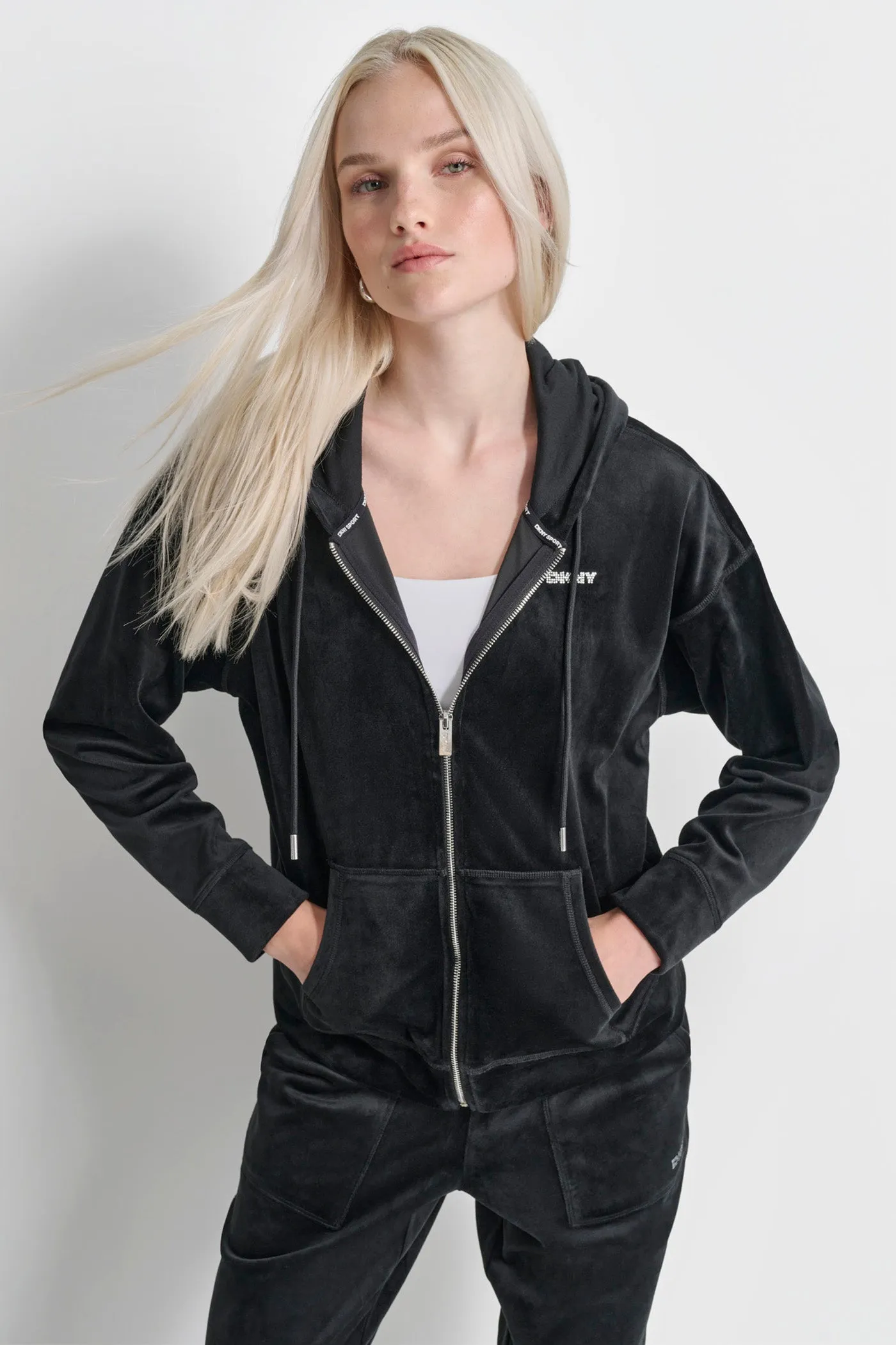 PLATINUM VELOUR RHINESTONE LOGO FULL ZIP HOODIE sold by DKNY