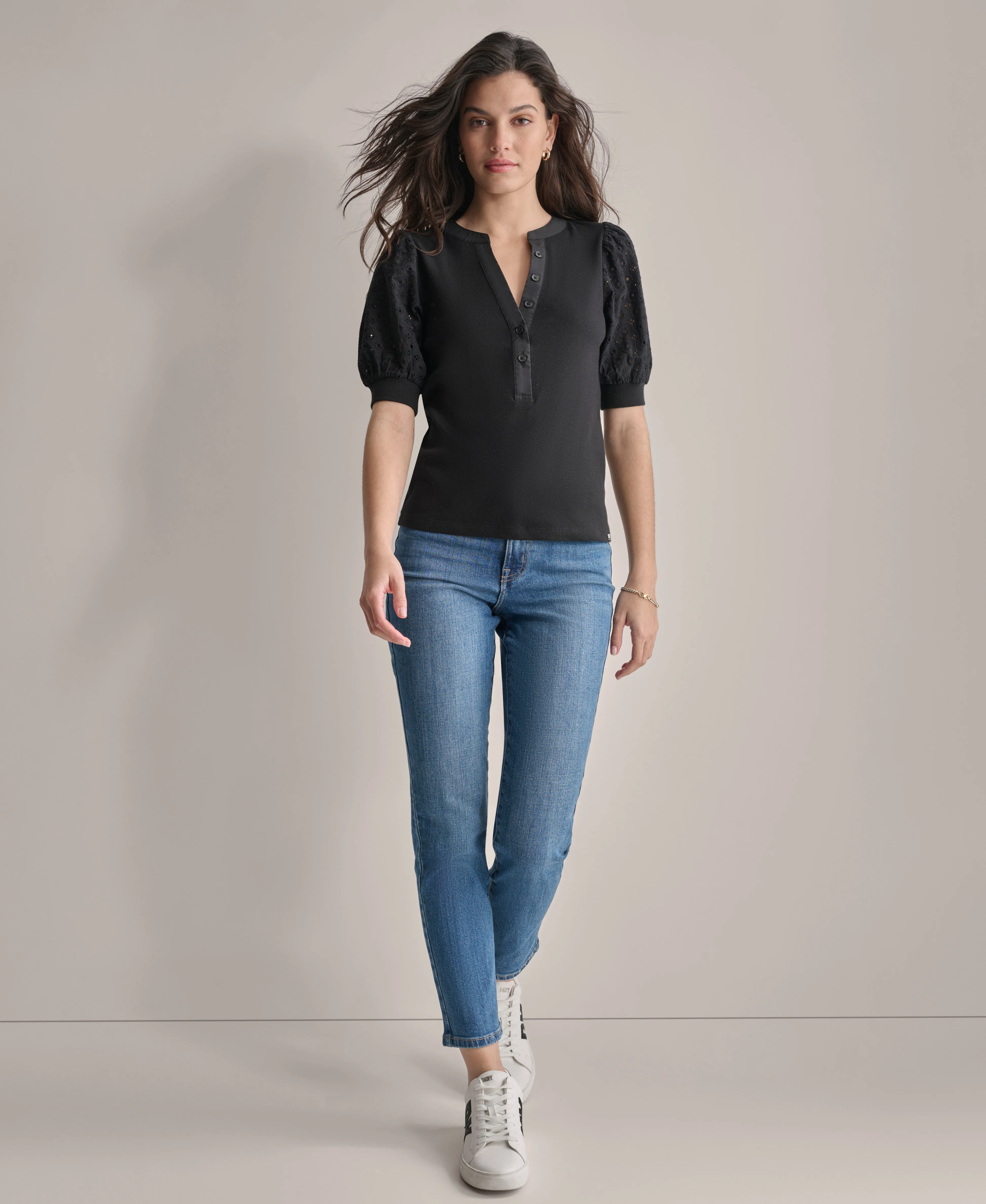 PUFF SLEEVE EYELET HENLEY TOP sold by DKNY product image thumbnail 4