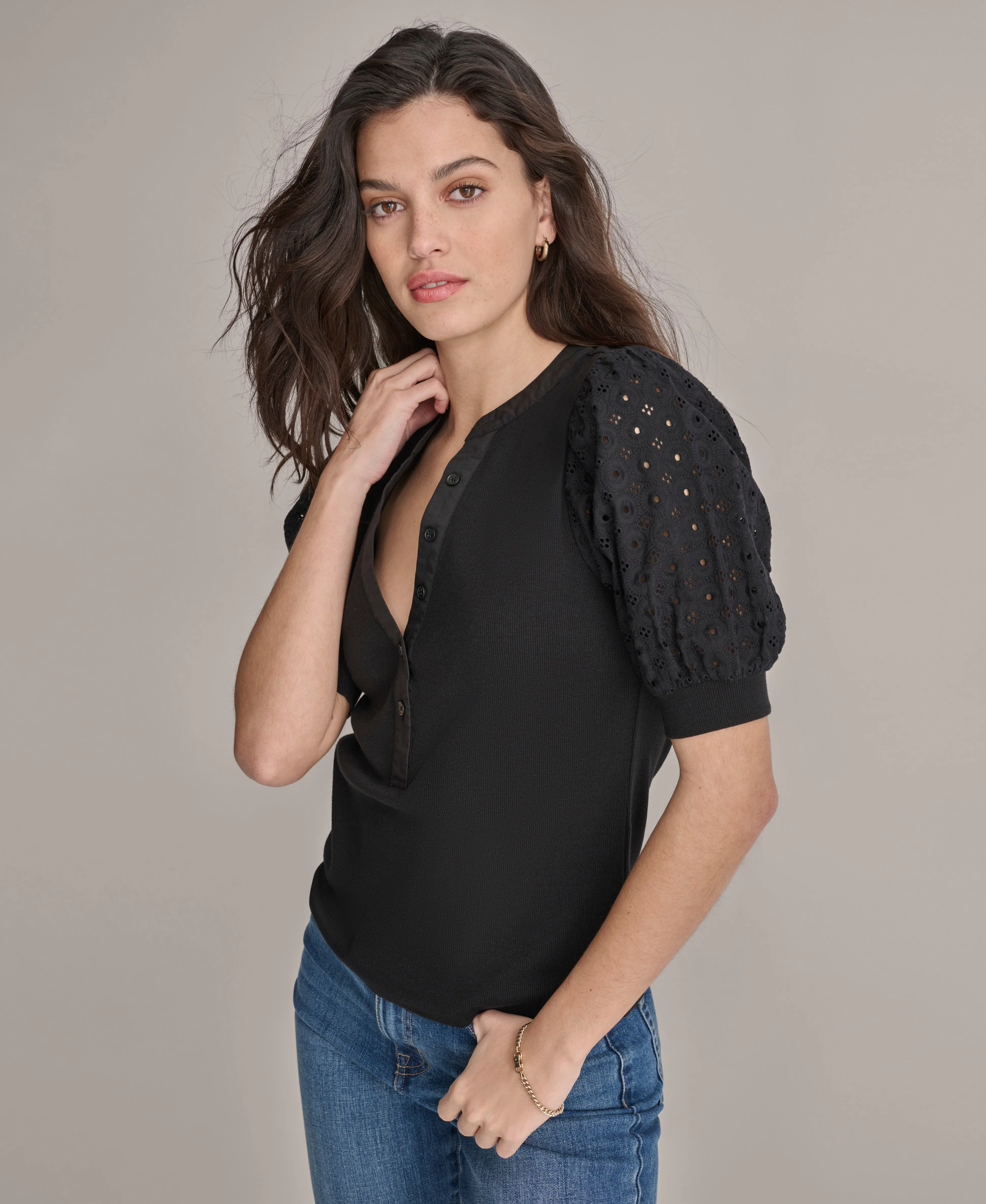 PUFF SLEEVE EYELET HENLEY TOP sold by DKNY product image thumbnail 5