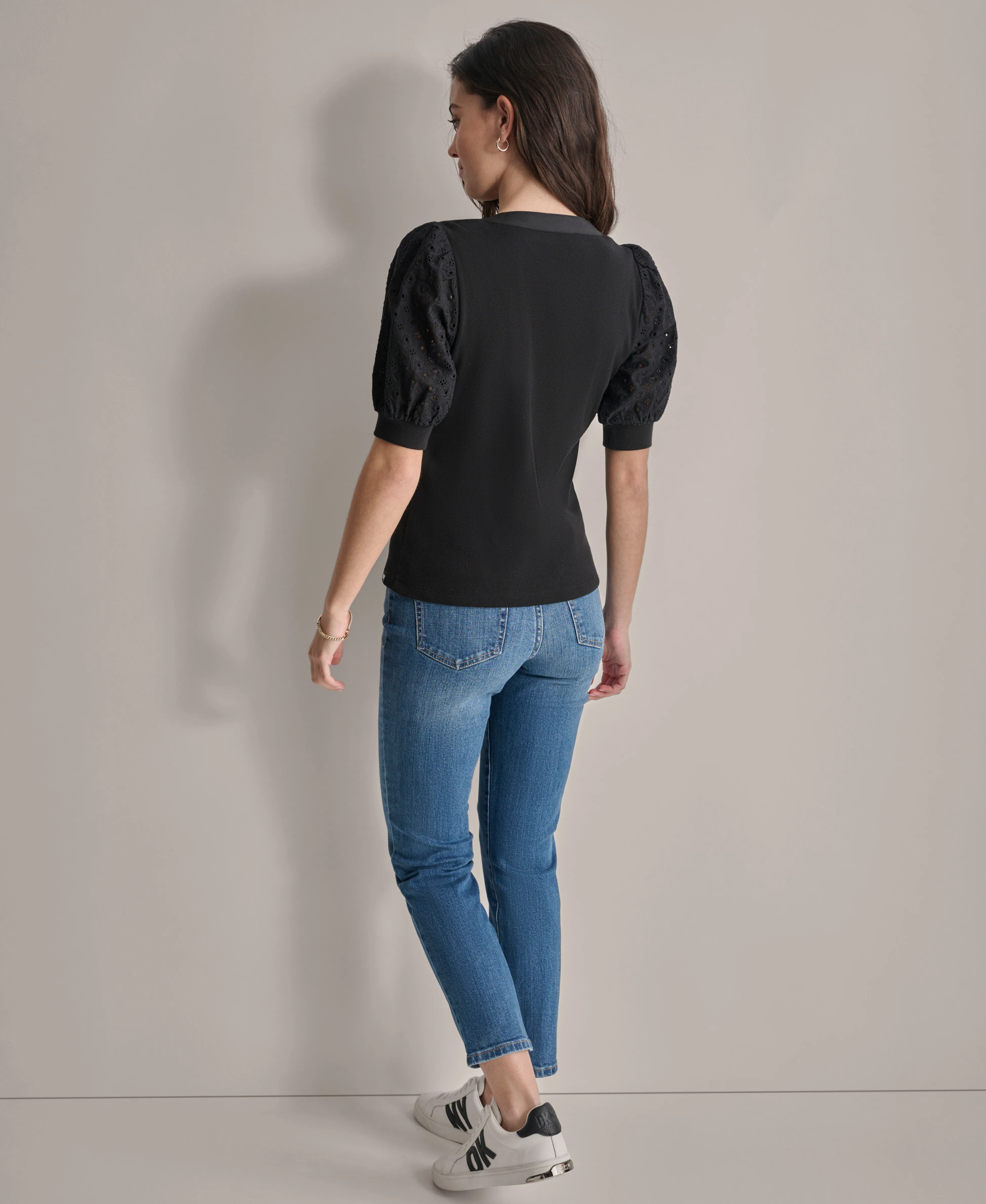 PUFF SLEEVE EYELET HENLEY TOP sold by DKNY product image thumbnail 2