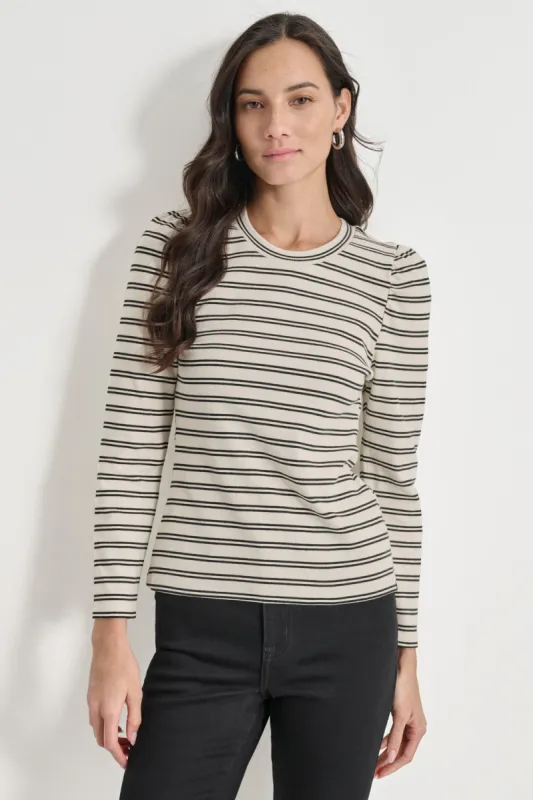 PUFF SLEEVE STRIPED CREW NECK TOP sold by DKNY