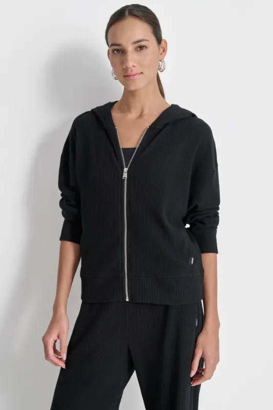 BRUSHED RIB KNIT FULL ZIP HOODIE sold by DKNY