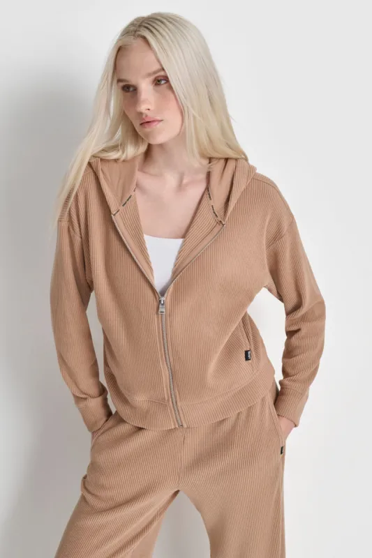 BRUSHED RIB KNIT FULL ZIP HOODIE sold by DKNY