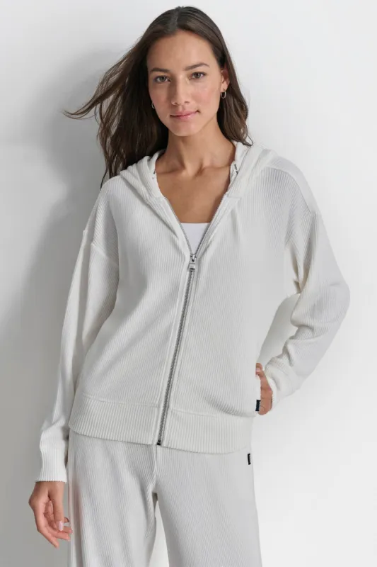 BRUSHED RIB KNIT FULL ZIP HOODIE sold by DKNY