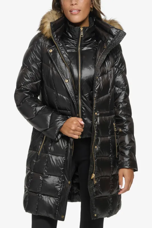 DOWN FILLED PUFFER WITH BIB & FAUX FUR TRIM sold by DKNY