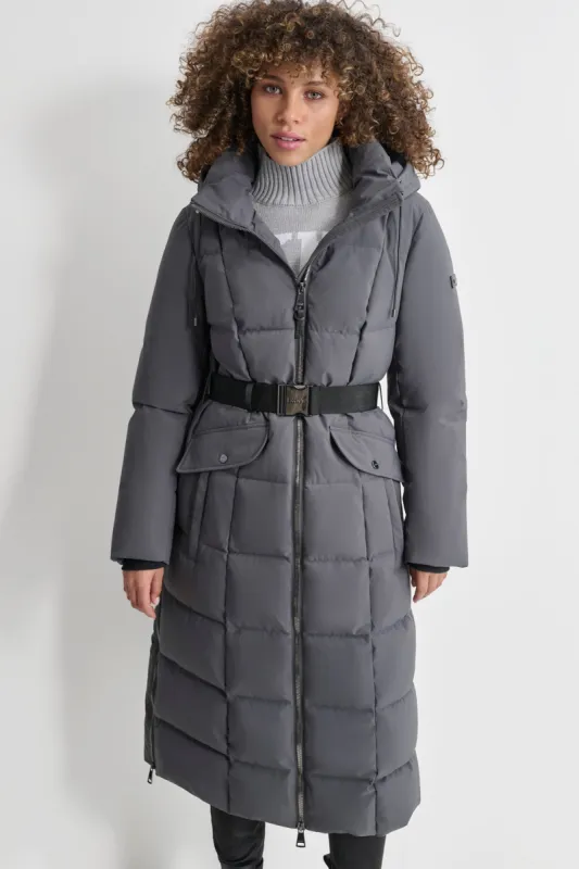 BOX QUILT LONG PUFFER W/ BELT sold by DKNY