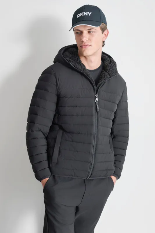 SHERPA LINED HOODED STRETCH PUFFER sold by DKNY