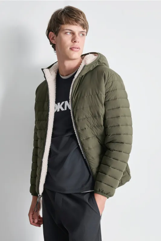 do not put live SHERPA LINED HOODED STRETCH PUFFER sold by DKNY