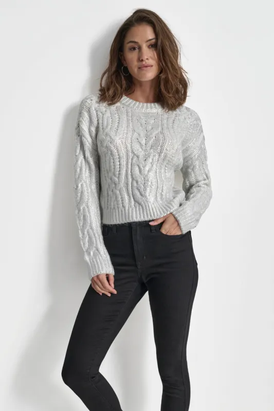 FOIL PRINT CHUNKY CABLE SWEATER sold by DKNY