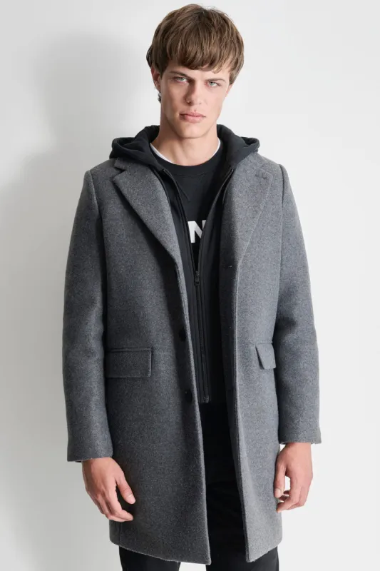 FAUX WOOL COAT W/ HOODED BIB sold by DKNY