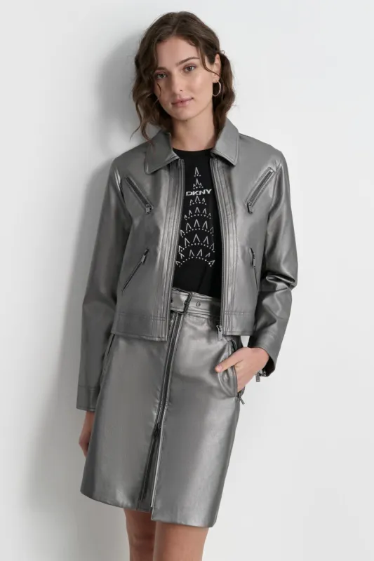 FAUX LEATHER MOTO JACKET sold by DKNY