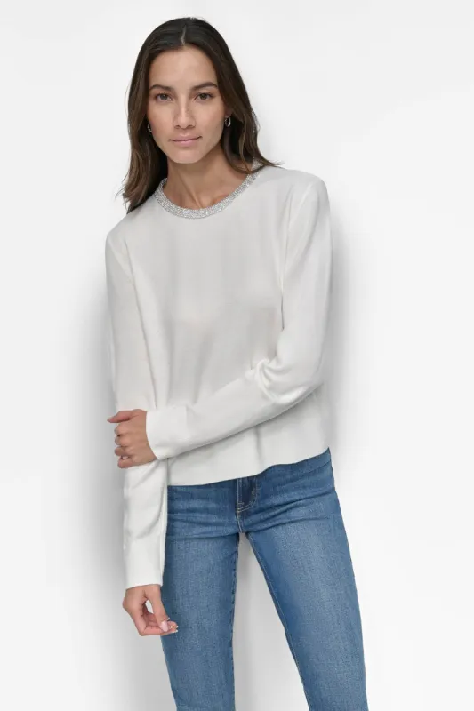 CREW NECK WITH RHINESTONE TRIM AT NECK sold by DKNY