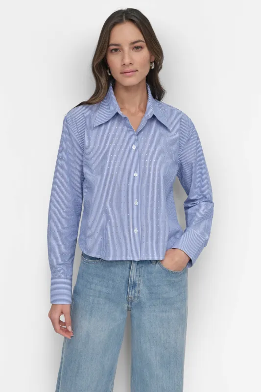 STRIPED POPILIN STUDDED RHINESTONE TOP sold by DKNY