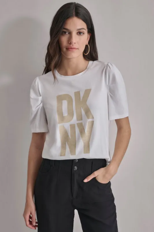 PUFF SLEEVE GOLD MARBLE LOGO TEE sold by DKNY