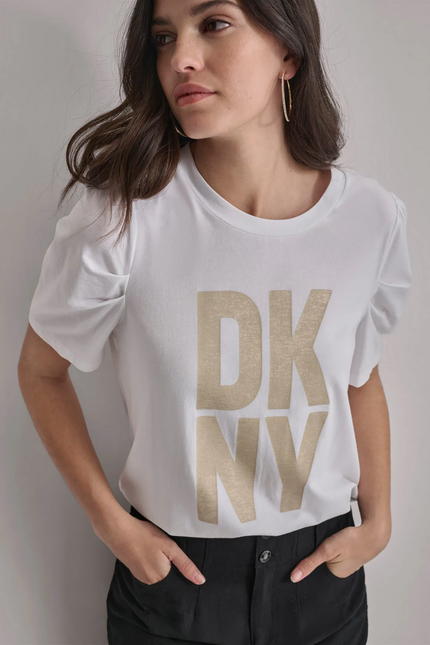PUFF SLEEVE GOLD MARBLE LOGO TEE sold by DKNY product image thumbnail 4