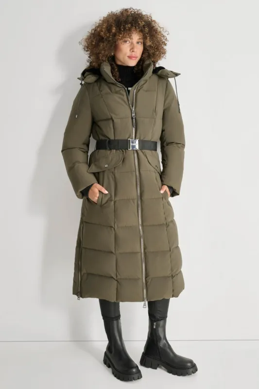 BOX QUILT LONG PUFFER WITH BELT sold by DKNY
