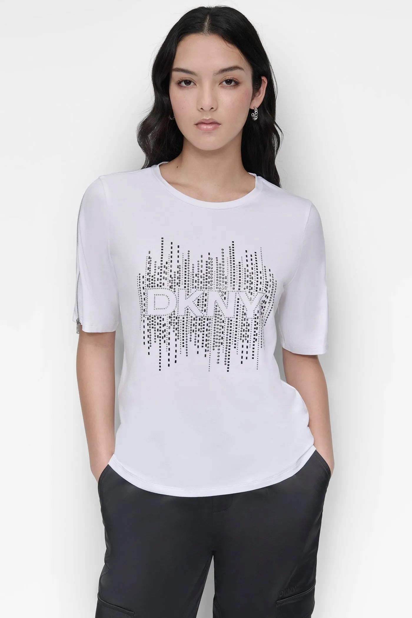 ZIP SLEEVE CRYSTAL TEE sold by DKNY