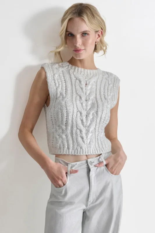 METALLIC CABLE KNIT SWEATER sold by DKNY