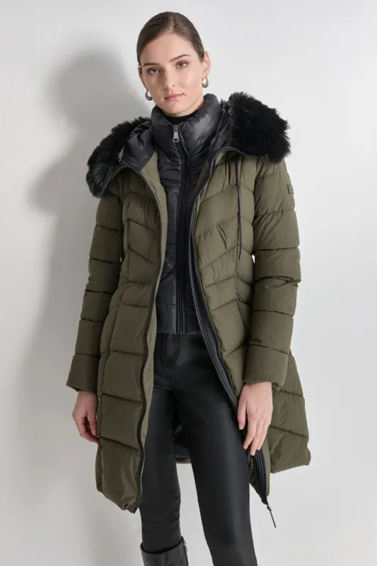 BIBBED FAUX-FUR HOODED PUFFER made by DKNY