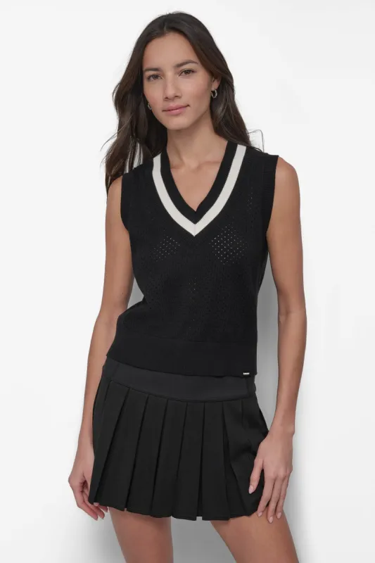 STRIPED MESH POINTELLE SWEATER VEST sold by DKNY