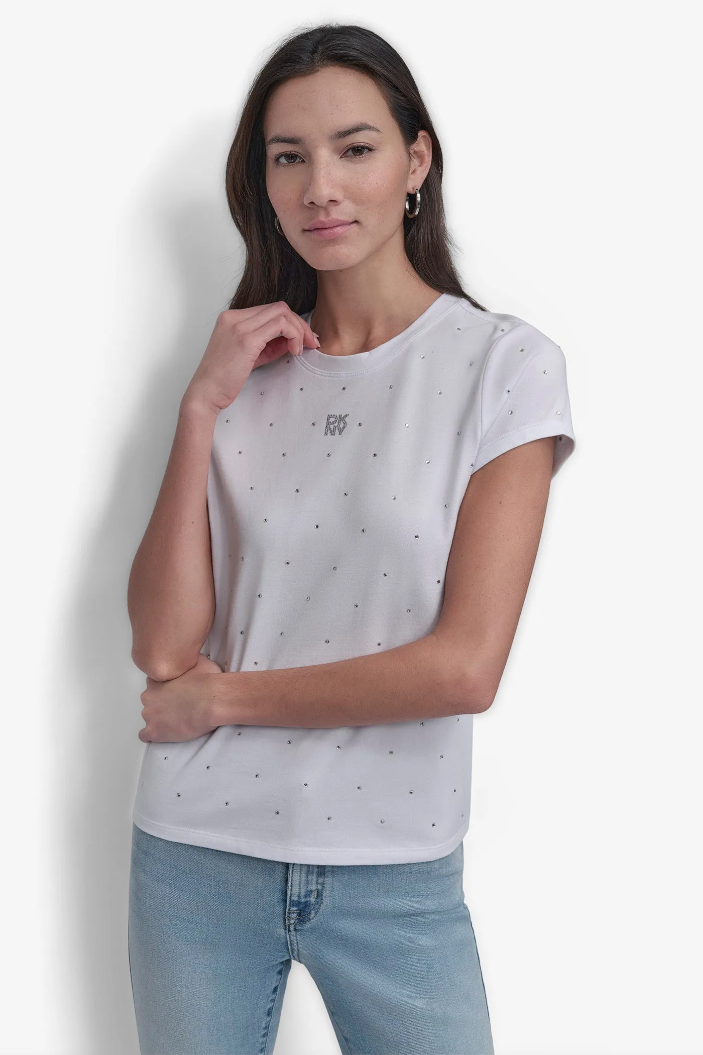 CRYSTAL EMBELLISHED LOGO TEE sold by DKNY