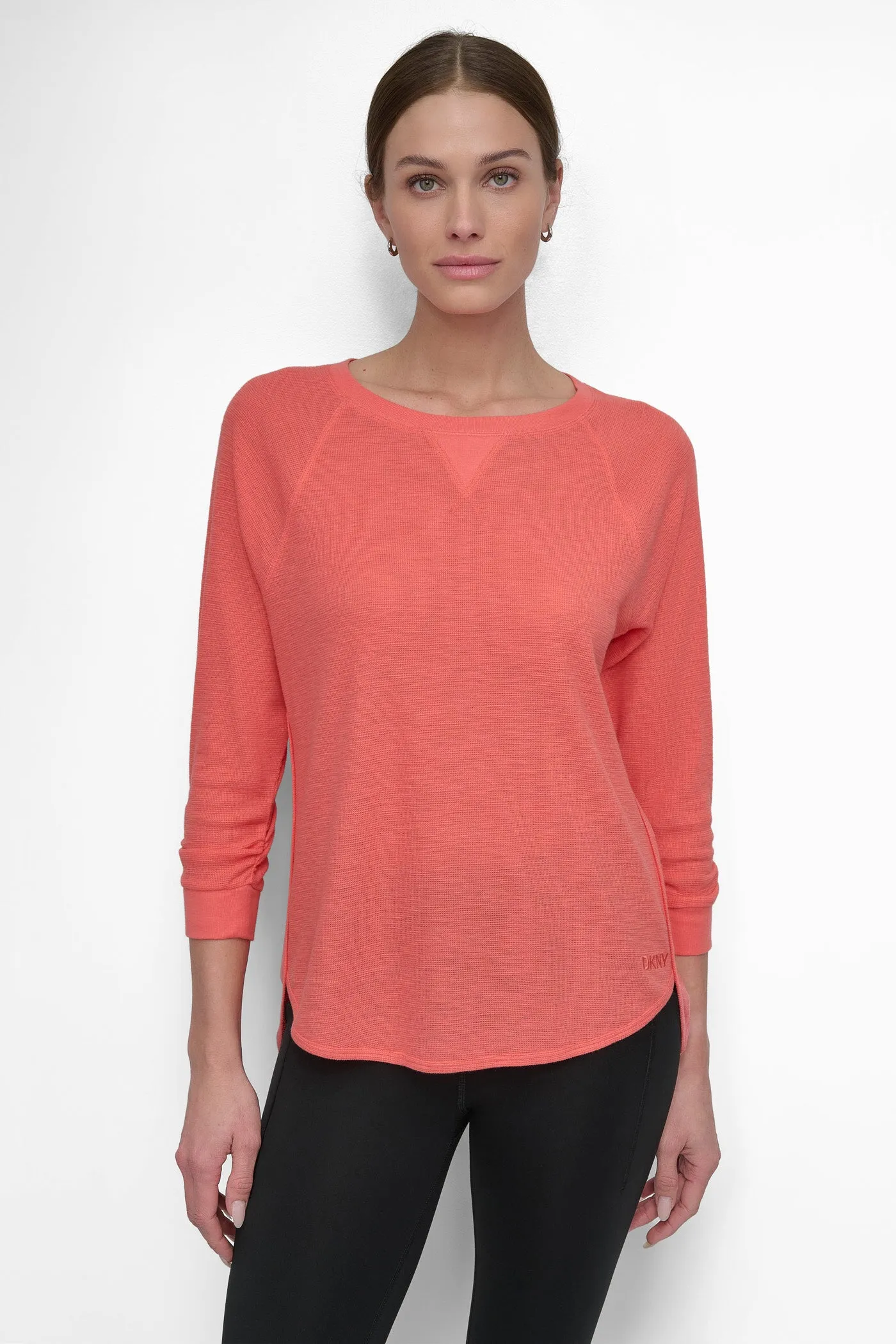 MINI SLUB WAFFLE 3/4 SLEEVE TEE WITH V-INSET sold by DKNY