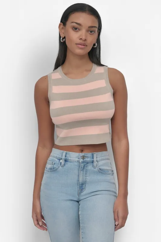 CROP STRIPE SLEEVELESS CREW NECK TANK sold by DKNY