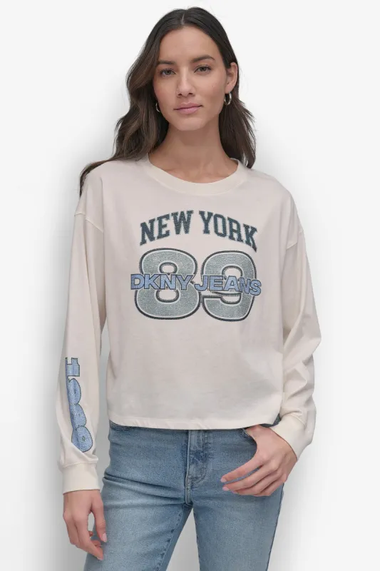 89 MULTI COLOR RHINESTONE LOGO LONG SLEEVE TEE sold by DKNY