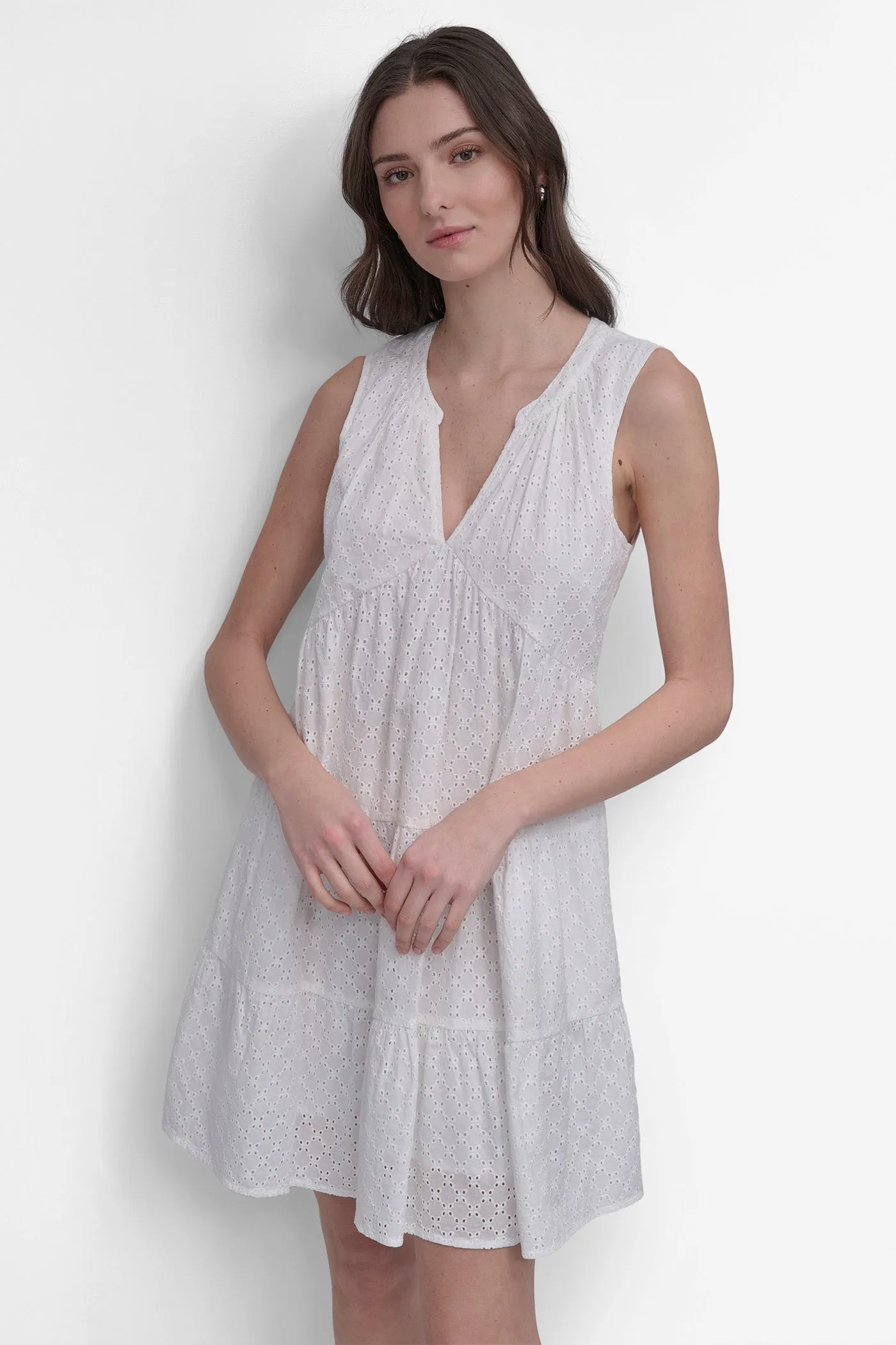 SLEEVELESS EYELET TIERED DRESS sold by DKNY