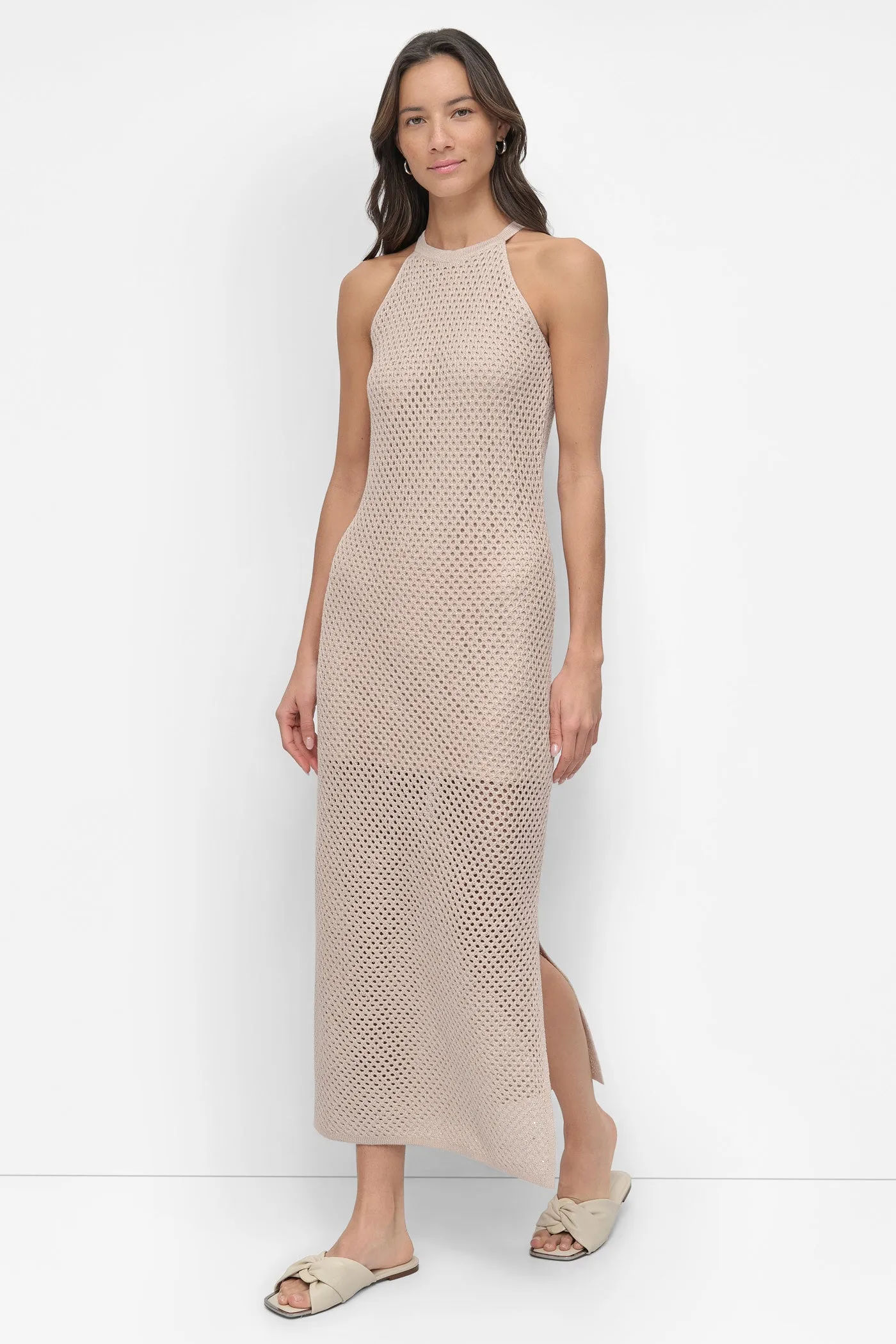 HALTER NECK OPEN STITCH MIDI DRESS WITH SEQUINS sold by DKNY