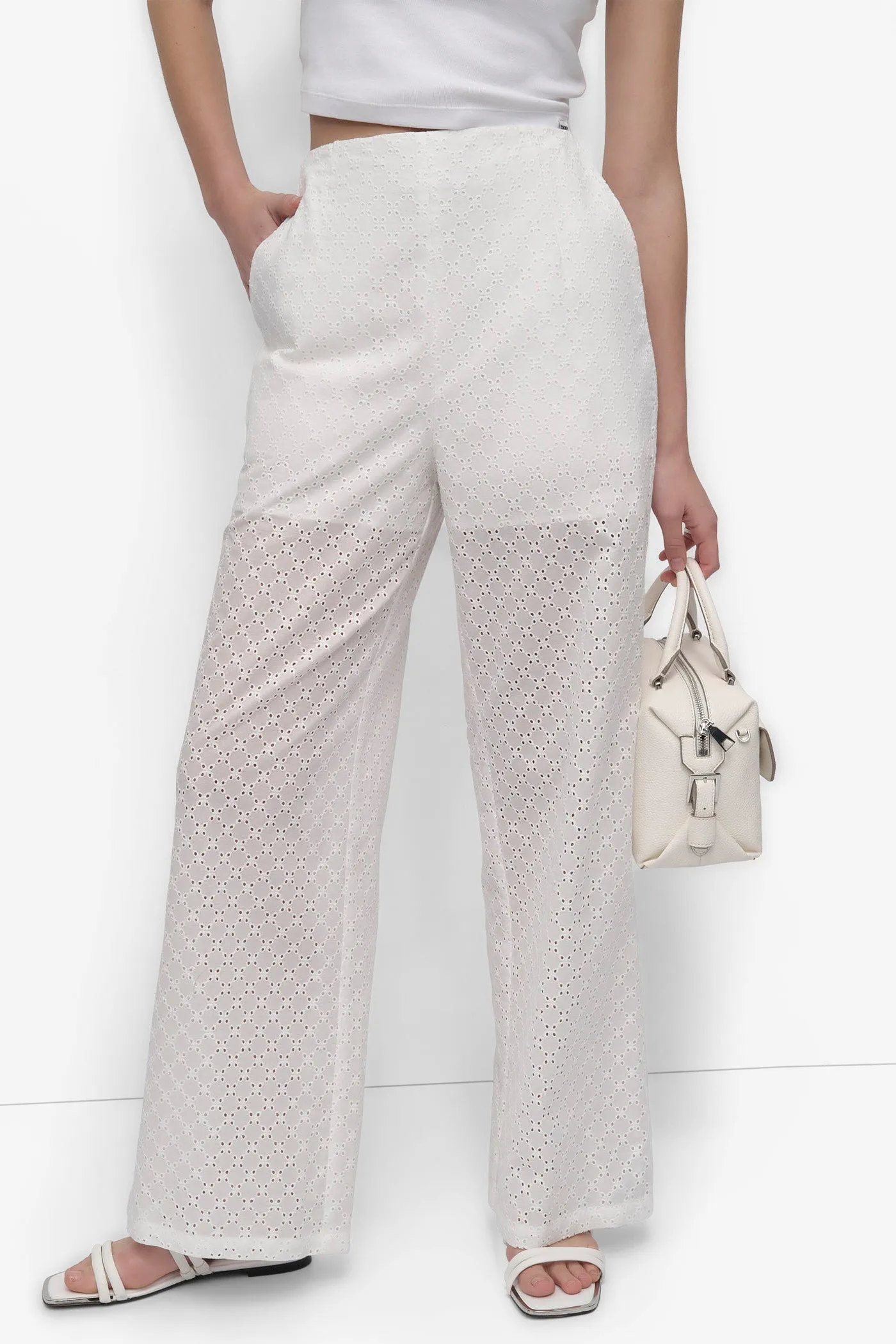 EYELET HIGH WAIST WIDE LEG TROUSER sold by DKNY