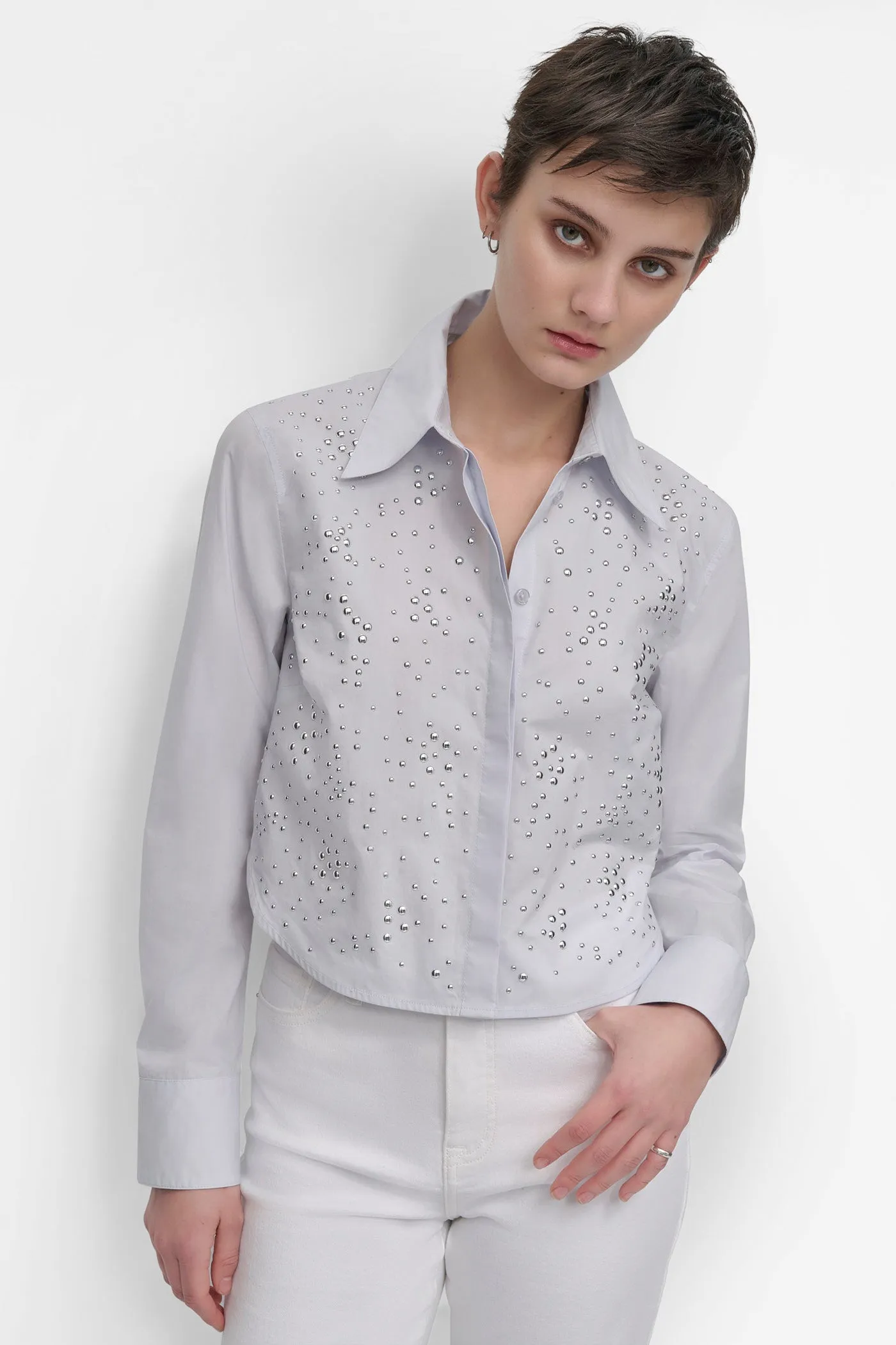 LONG SLEEVE POPLIN TOP WITH DOME STUDS sold by DKNY