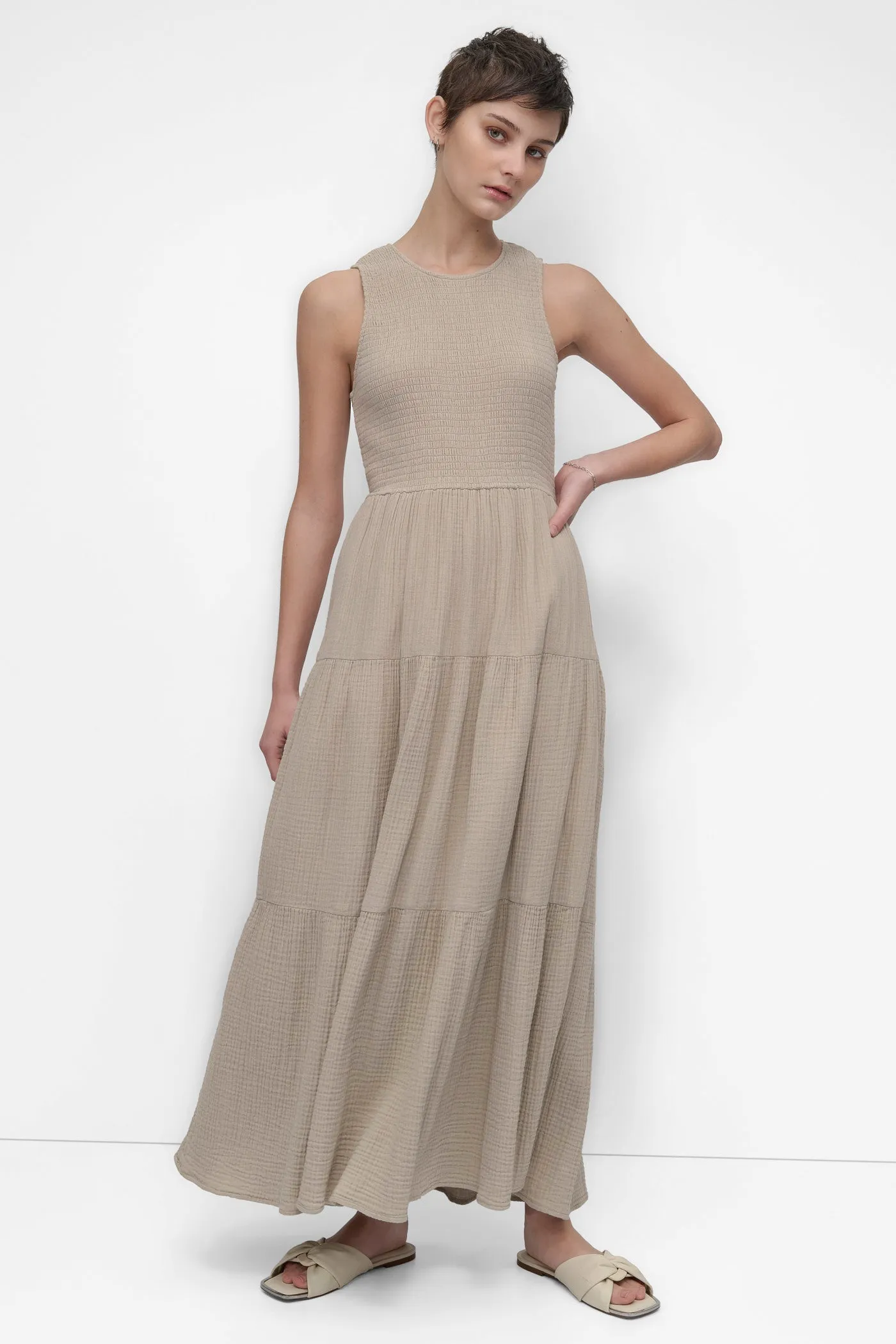 GAUZE TIERED SMOCKED DRESS sold by DKNY